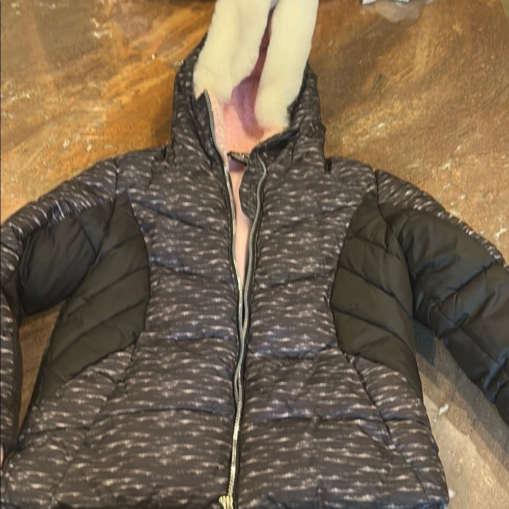 Black and Gray Puffer Jacket with Pink Lining
